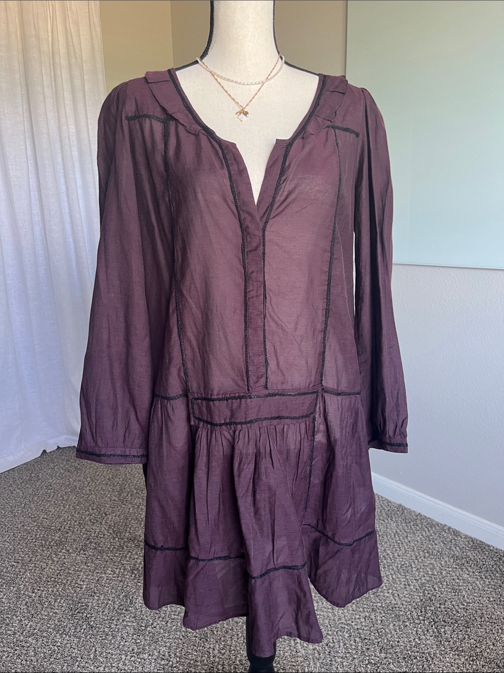 Zara Basic Burgundy Semi Sheer Drop Waist Mini Dress Large Ruffle Trim